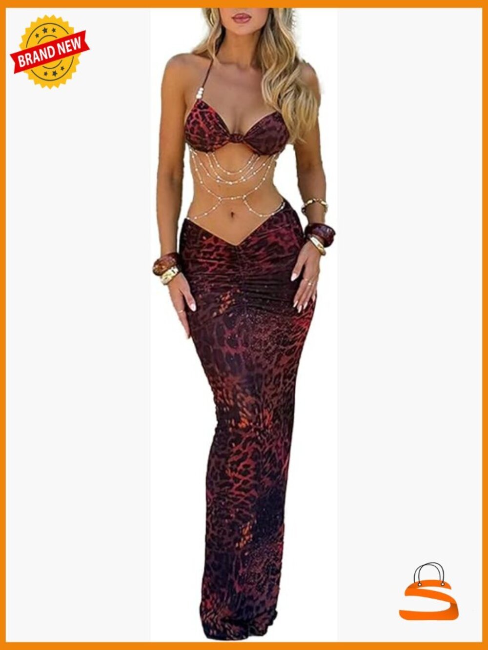 Sexy 2 Piece Maxi Skirt Set Ruched Backless Crop Top Cut Out Skirt